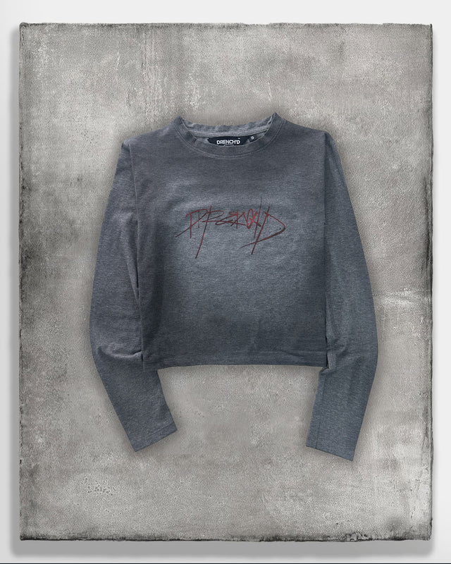 Grey Graphic Long Sleeve Crop Top 